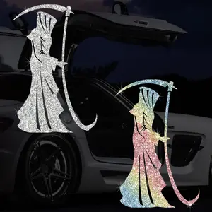 Bling Rhinestone Grim Reaper Car Stickers Glitter Gothic Death Decals Waterproof Spooky Auto Exterior Trim Cute Window Bumper Decor Halloween Gift