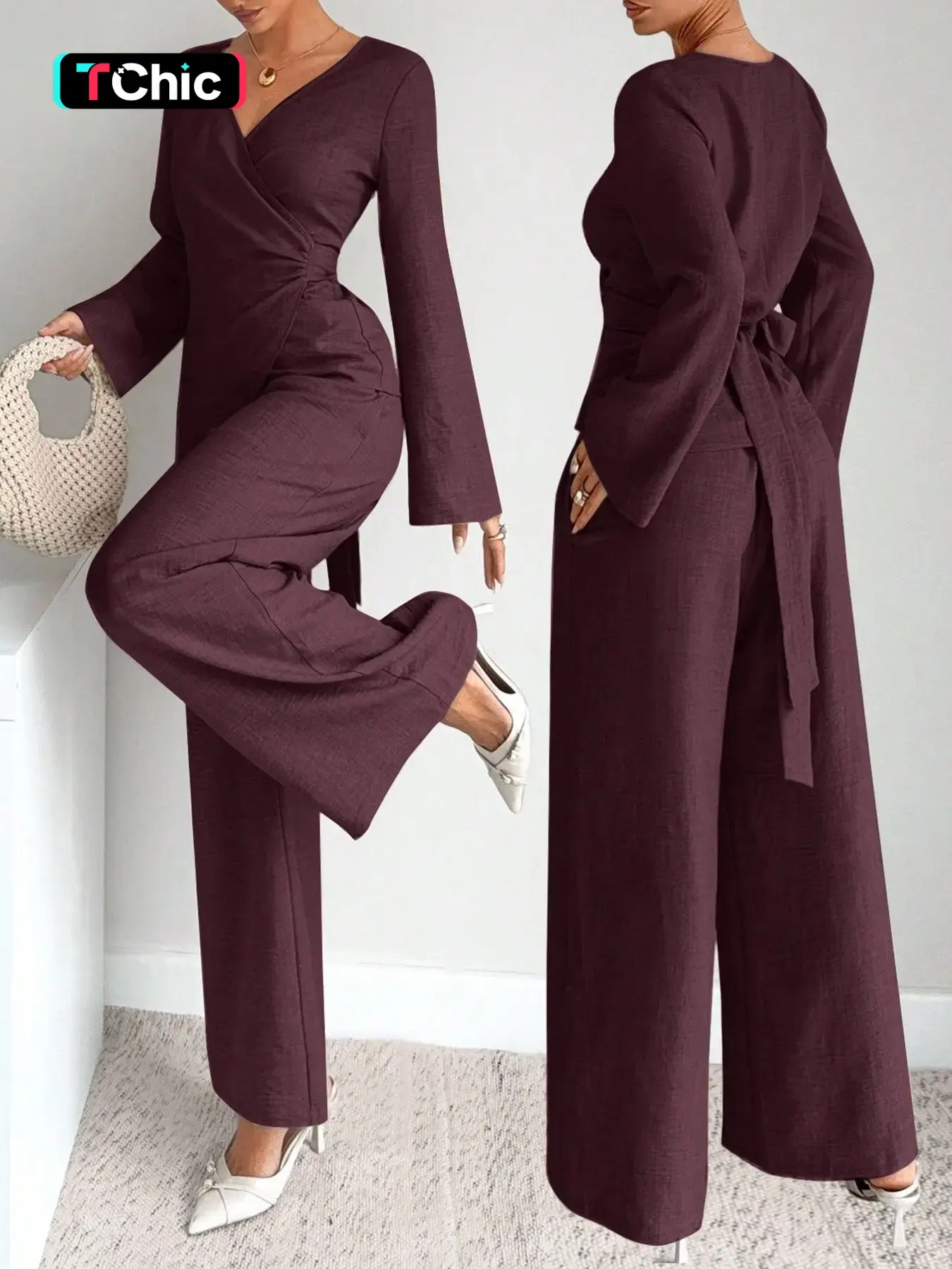 Elegant Chic Women's 2-Piece Set, Clothes, Plain Color Layered Neck Crop Shirt with Bell Sleeve, Long Pants, Fall Winter for Parties