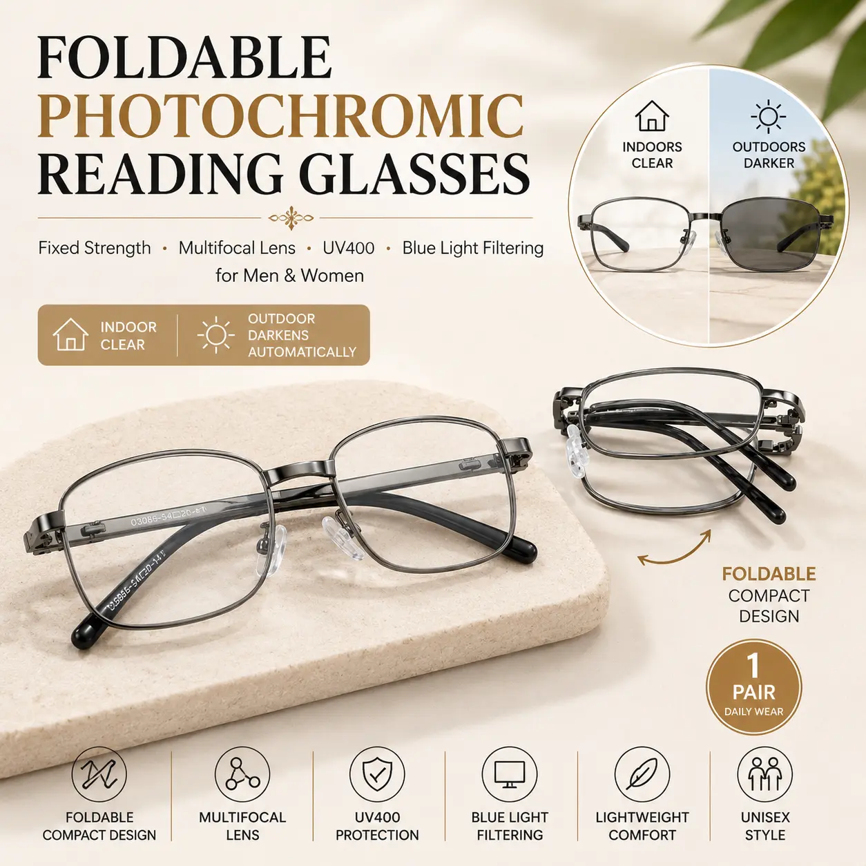 Foldable Photochromic Reading Glasses for Adults, Fixed Strength Multifocal Readers with UV400 Protection, Blue Light Filter, Compact Metal Frame for Computer, Indoor/Outdoor, Travel