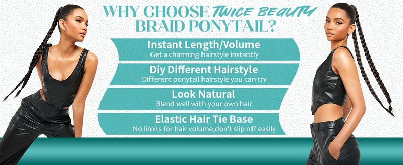 TwiceBeauty 32inch Long Braided Ponytail Extension with Hair Tie Yaki Straight Synthetic Hair Piece for Women Girls Party Daily Use Natural Soft Black