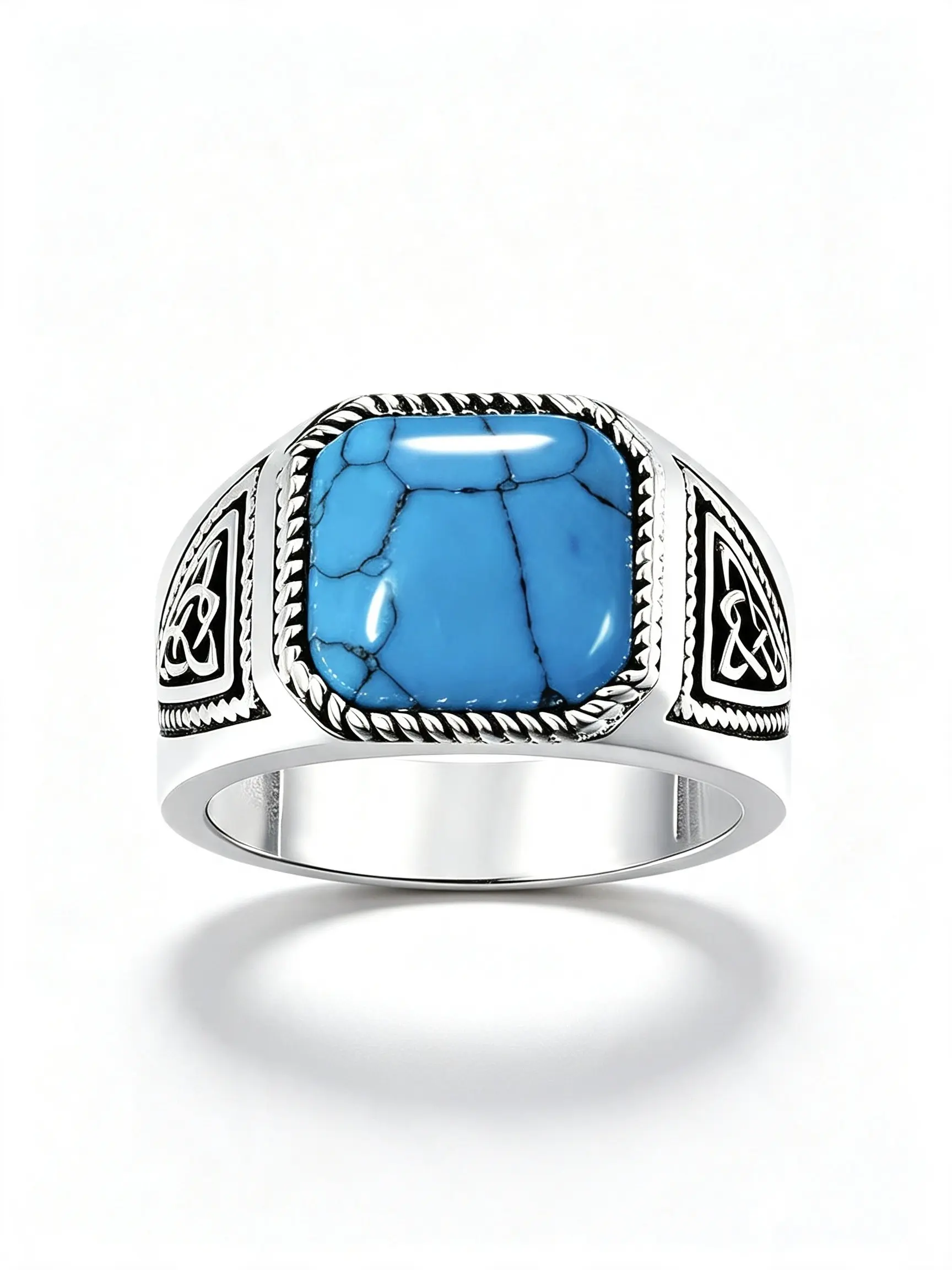 Vintage Celtic Knot Ring for Men and Women, Silver Color Copper Band with Square Blue Zircon Stone, Intricate Engraving for Daily and Party Wear, Elegant Geometric Style Gift