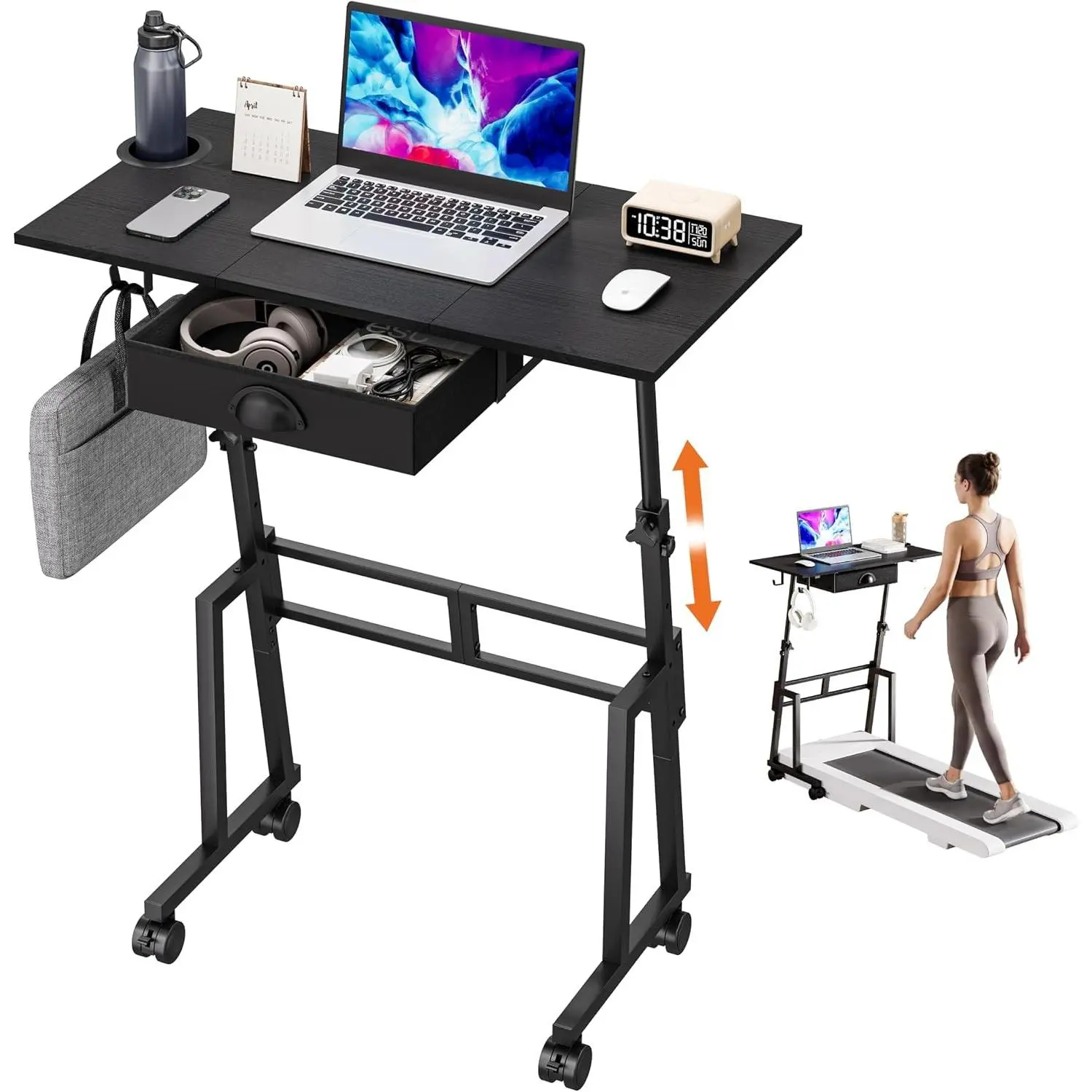Adjustable Height Standing Desk with Drawer, Rolling Sit to Stand Up Desk with Wheels Height 31.5"-43.3" Small Mobile Laptop Standing Desk for Treadmill Walking Pad, Movable Classroom Podium (Black)