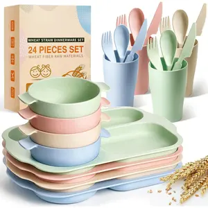 24 Pcs Wheat Straw Dinnerware Cutlery Set, Unbreakable Tableware Set, Including Kids Toddlers Divided Plates, Bowls, Cup, Cutlery Spoons Knifes Forks, BPA Free, Microwave Dishwasher Safe outdoorfun