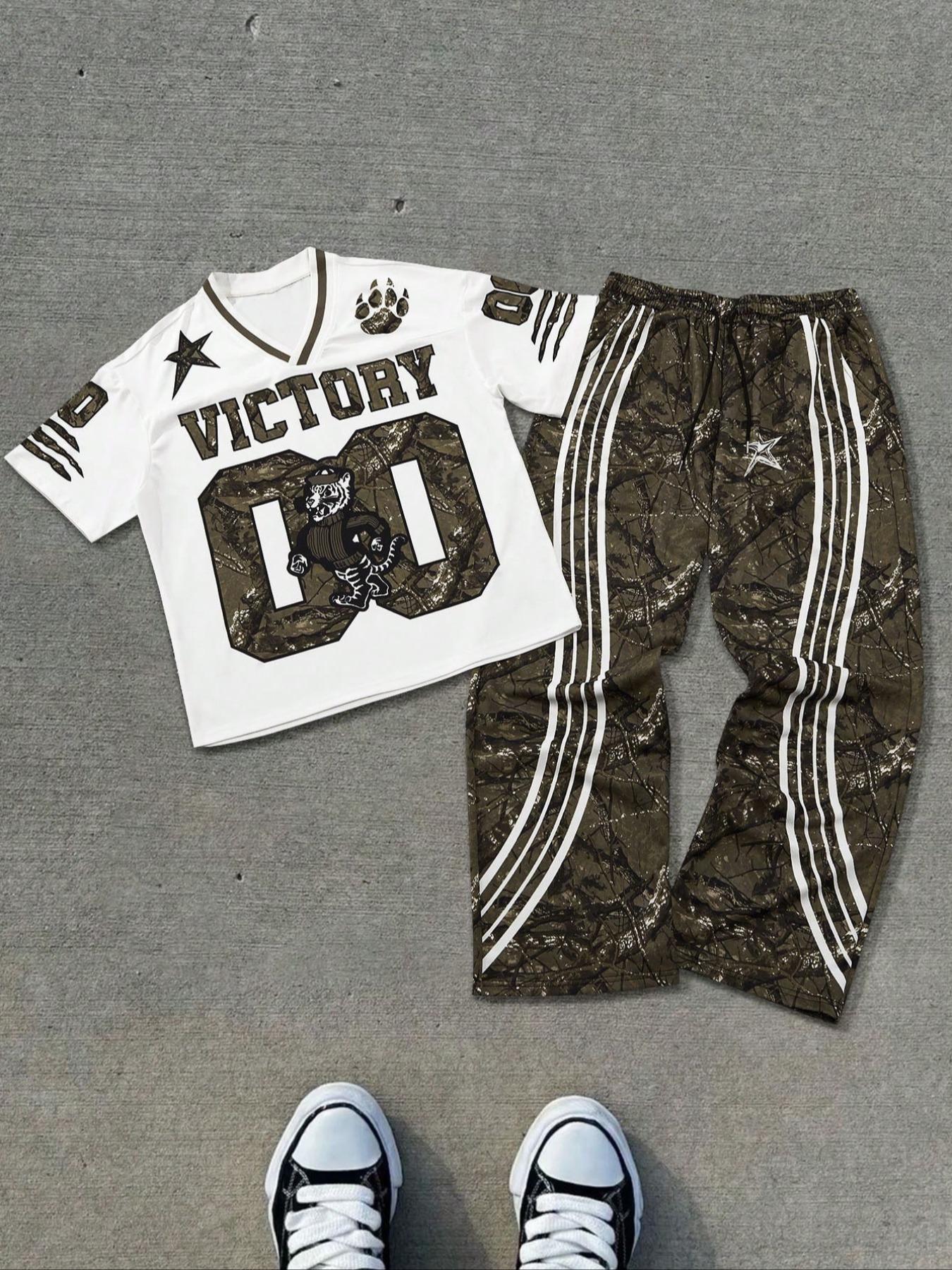 Men's Letter & Star Print Tee & Striped Trim Pants Pyjama Two-piece Set, Men's Sleepwear for Summer