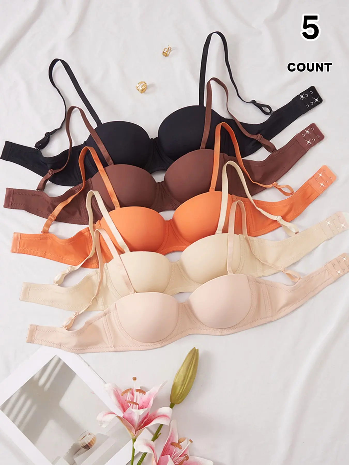 5-Pack Women's Push-Up Bras, Detachable Straps, Invisible Padded Liner, Solid Color Non-Slip Halter Backless Bra, Ideal for Daily Wear