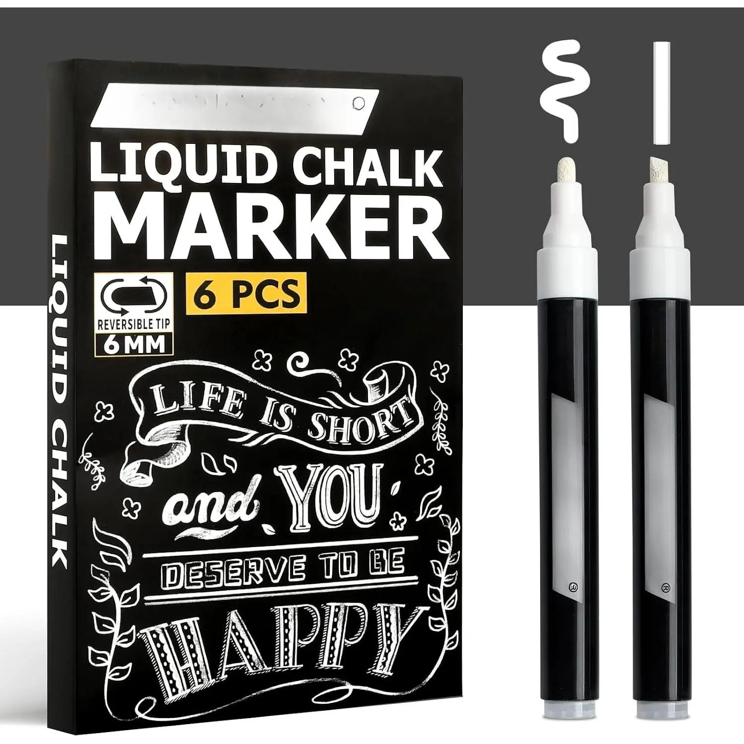 Liquid Chalk Marker - Pack of 6, White,6mm Reversible Tips - Liquid Chalk Pens for Glass,Windows,Menu,Mirror - Dry Erase Chalkboard Marker for Blackboard,Calendars -  Pen for Art,Decor