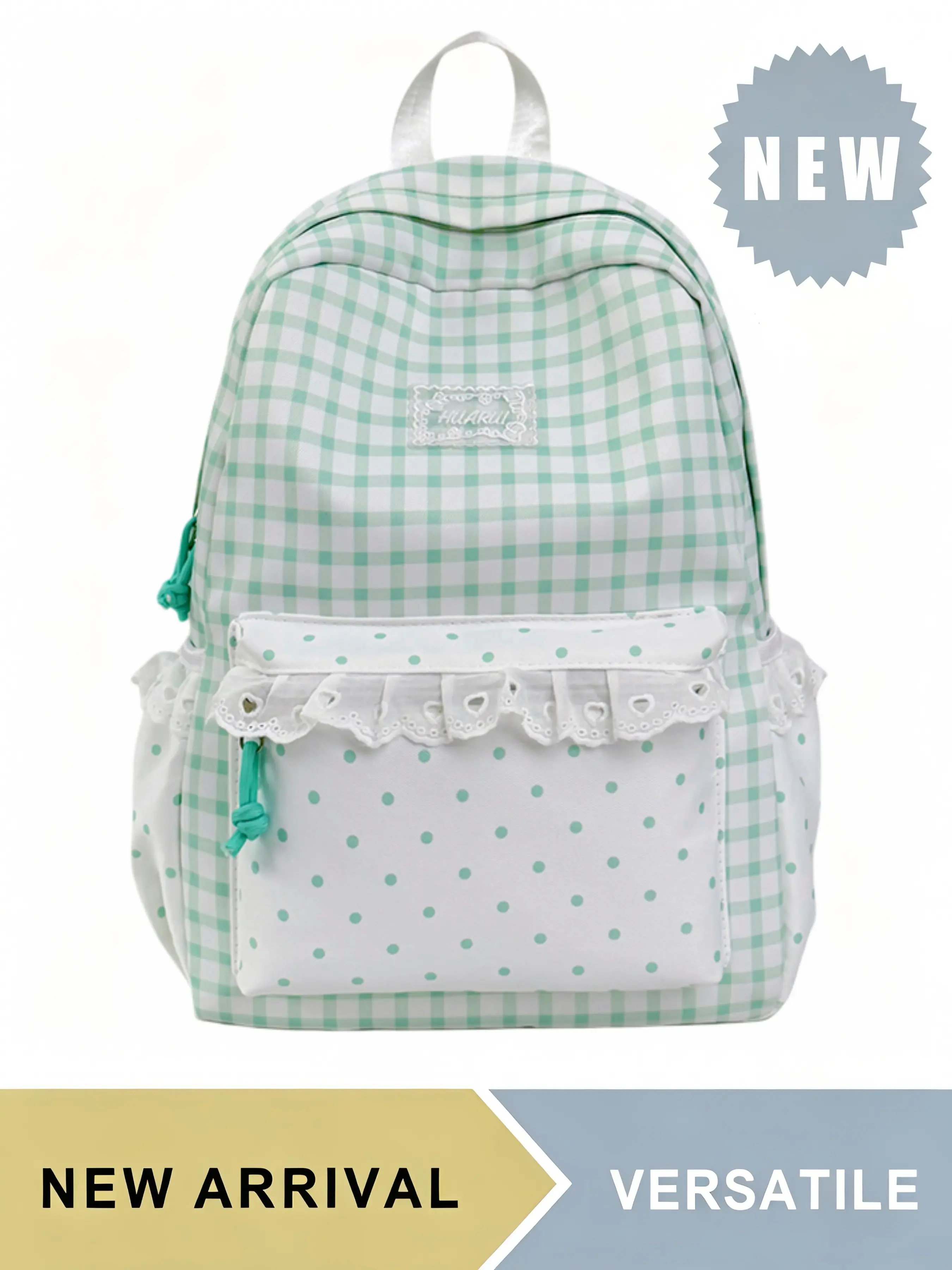 Gingham Plaid Backpack with Polka Dot Pocket & Lace Trim for Women Teen Girls, Lightweight Daily Backpack, Large Capacity Lightweight School Bookbag, Breathable Padded Straps Casual Daypack, Colors Available, Great for Travel Hiking Camping Outdoor Use