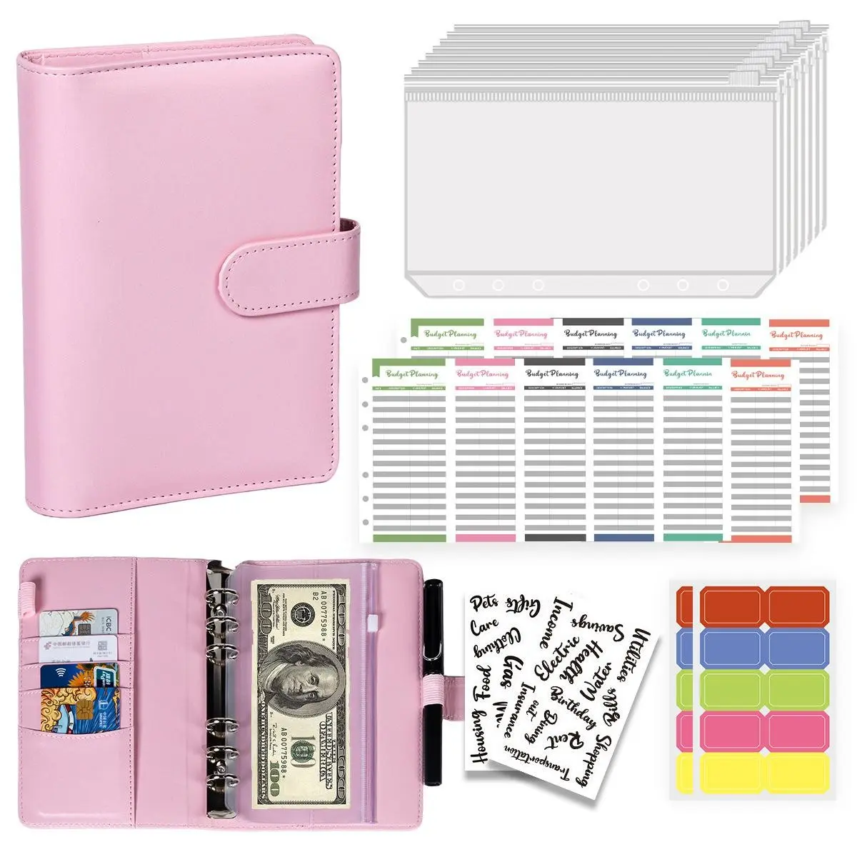 1 Pc A6 Macaron PU Leather Binder Notebook – Creative loose-leaf monthly budget planner with blank refill pages. Compact cash ledger and expense tracker, perfect for daily budgeting, notes and financial planning.
