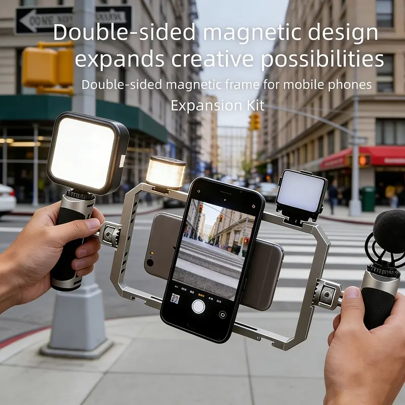 Pro Vlogging Stabilizer Set -Magnetic Phone Holder on Both Sides with Grips - Adjustable for Lighting/Microphones - Perfect for Live Broadcasting & Filming