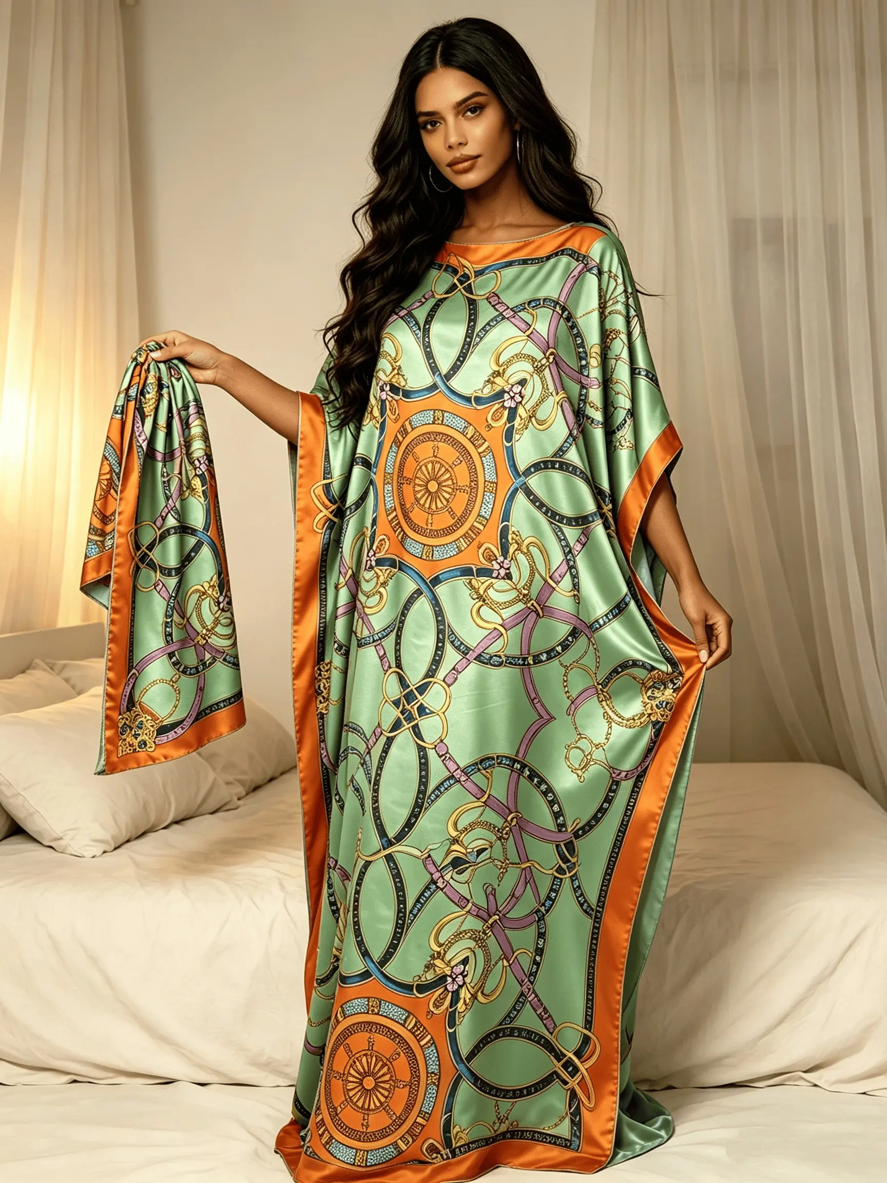 Women Oversized Mint Green Vintage Chain Printed Caftan Maxi Dress With Scarf, Loose Flowy Split Side Kaftan Robe, Curvy Friendly Plus Size Beach Cover Up, Casual Boho Elegant Resort Wear, Bohemian Lounge Night Gown, Summer Pool Va