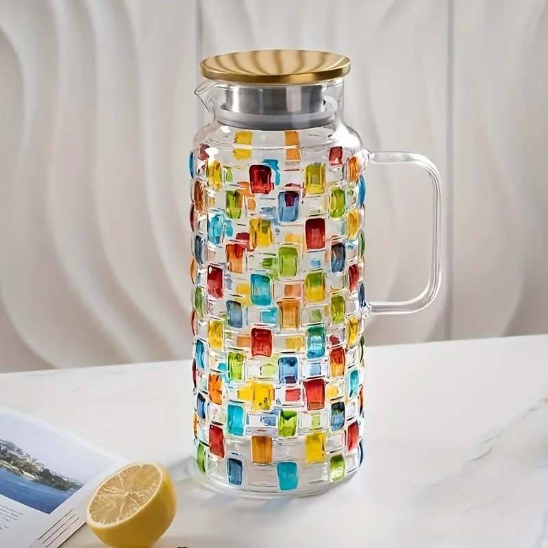 1pc Colorful Glass Cold Water Jug with handle, Drink Pitcher, Water Pitchers, suitable for hot and cold water, large iced tea jug, juice and homemade beverages, for parties and weddings 1500ml/50oz