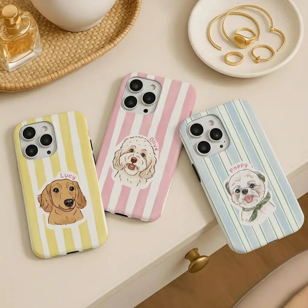 Custom Photo Personalized Pet Portrait Protective Shell, Striped Pattern Phone Case for iPhone and Samsung, Custom Photos, Accessories, Ios/Android