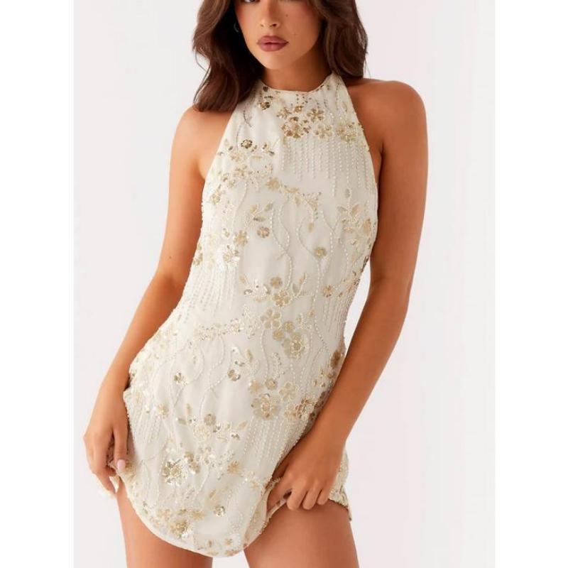 Y2k Sequin Beaded Halter Dress for Women Sexy Sparkle Backless Mini Floral  Embellished Rhinestone Club Dresses
