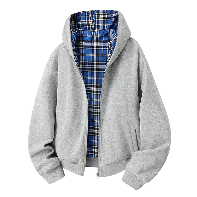 Men's Reversible Zip-Up Hooded Cotton Blend Long Sleeve Sweatshirt Jacket - Plaid Lining, Full-Front Zipper, Side Pockets, Rib Cuffs & Hem, Loose-Fit Menswear Tops for Spring Autumn Campus Daily Commute, Machine Wash, Mens Clothing