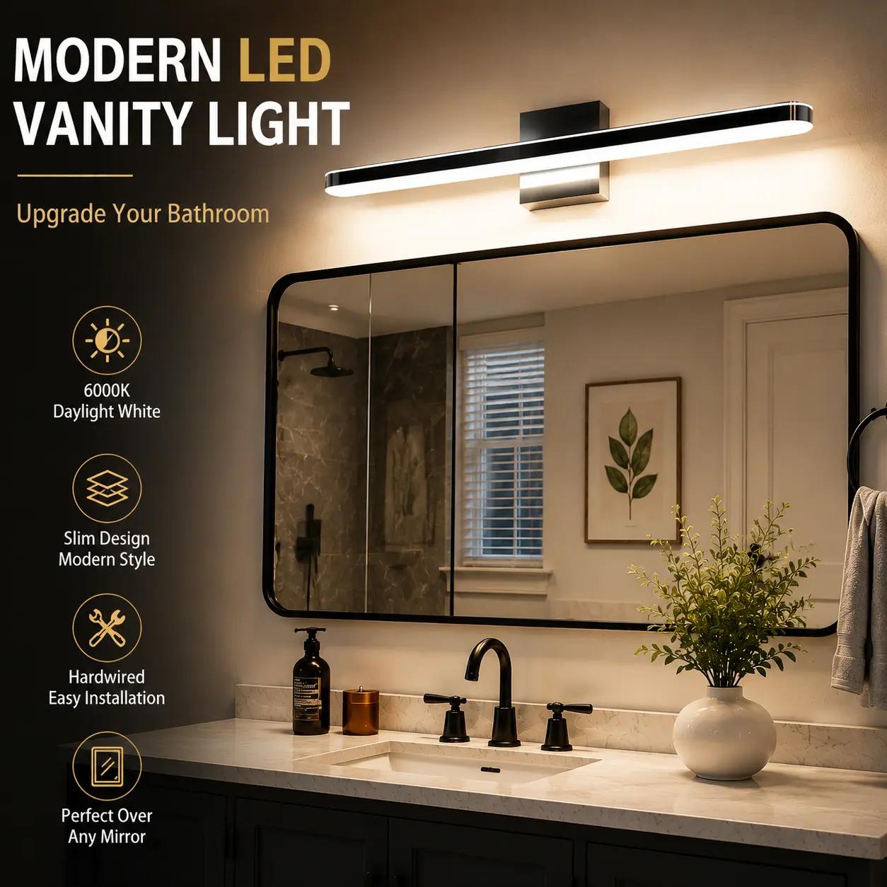 Modern LED Bathroom Vanity Light Over Mirror, Slim Black Wall Light Fixture, Hardwired Linear Lighting Bar for Bathroom, Bedroom and Makeup Mirror set tiktokshopblackfriday daybetter