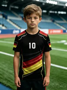 Boys' Base German Gold Diagonal Stripe Soccer Jersey, Number 10, Flag Arm Patch, Short Sleeve, Casual Sport Top