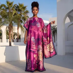 Boho Floral Maxi Dress Set for Women, Casual Chiffon Beach Cover Up with Matching Satin Scarf and Sun Protection
