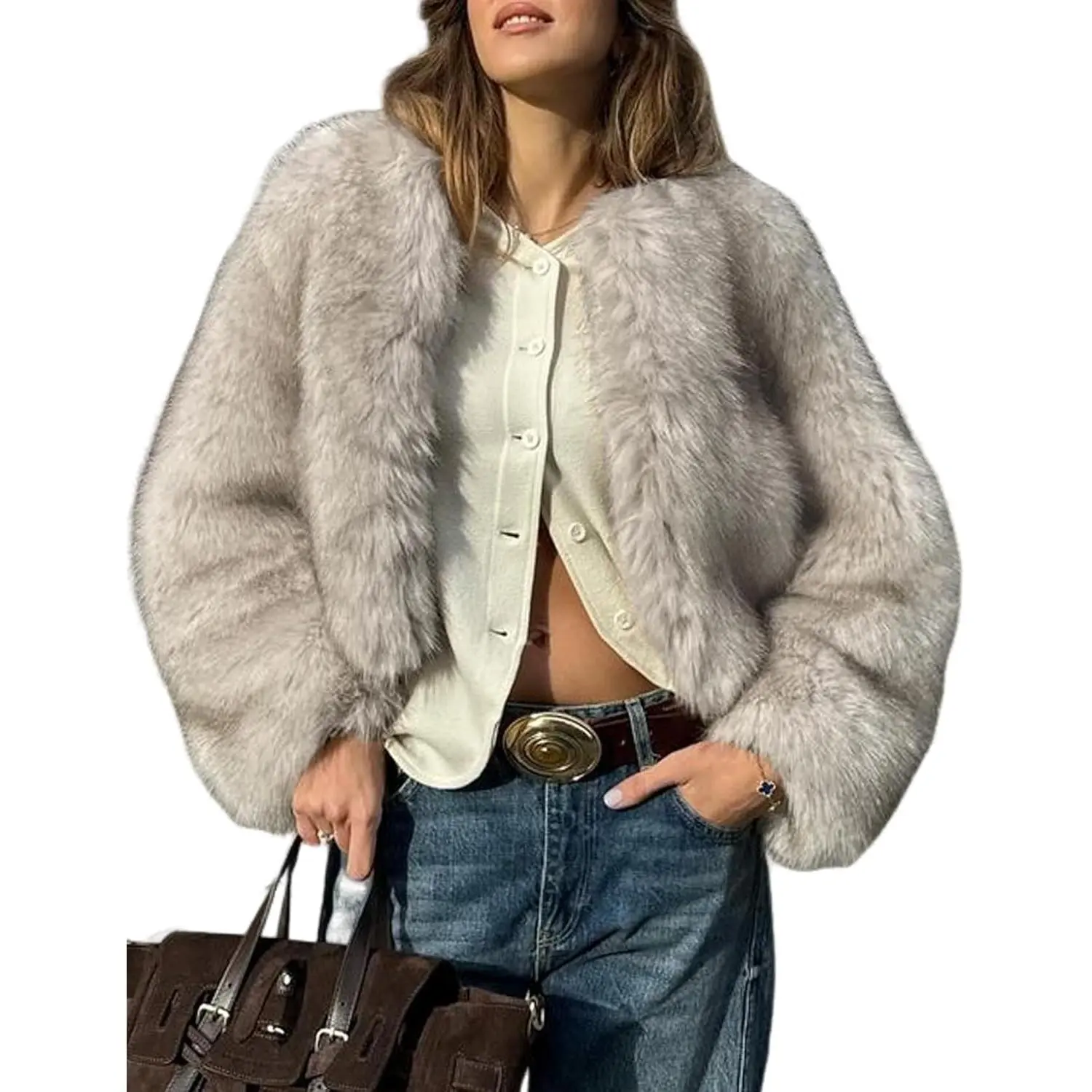 Wyeysyt Womens Faux Fur Coat Cropped Fur Jacket Fluffy Open Front Winter Warm Outerwear
