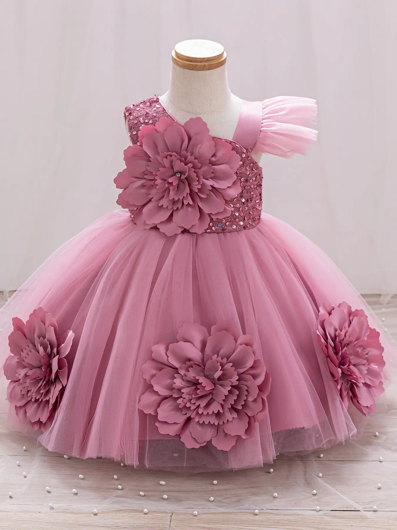 Girls 3D Flower Pageant Tutu Dress, Luxury Sequin Floral Princess Gown, Slim-Fitting Party Dress for Kids, Wedding Birthday Photoshoot
