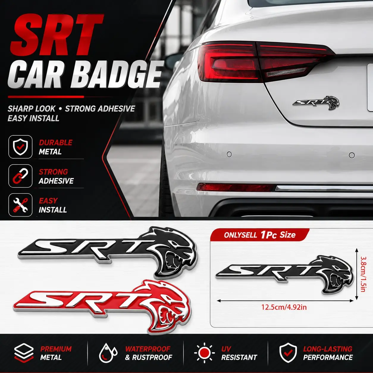 Car 1Pc 3D Metal SRT Hellcat Emblem Badge Sticker Waterproof Rustproof Self Adhesive Auto Rear Trunk Side Fender Decal Sporty Racing Style Car Styling Exterior Accessories Personalized Auto Decoration for Dodge  Most SUV Sedan Truck