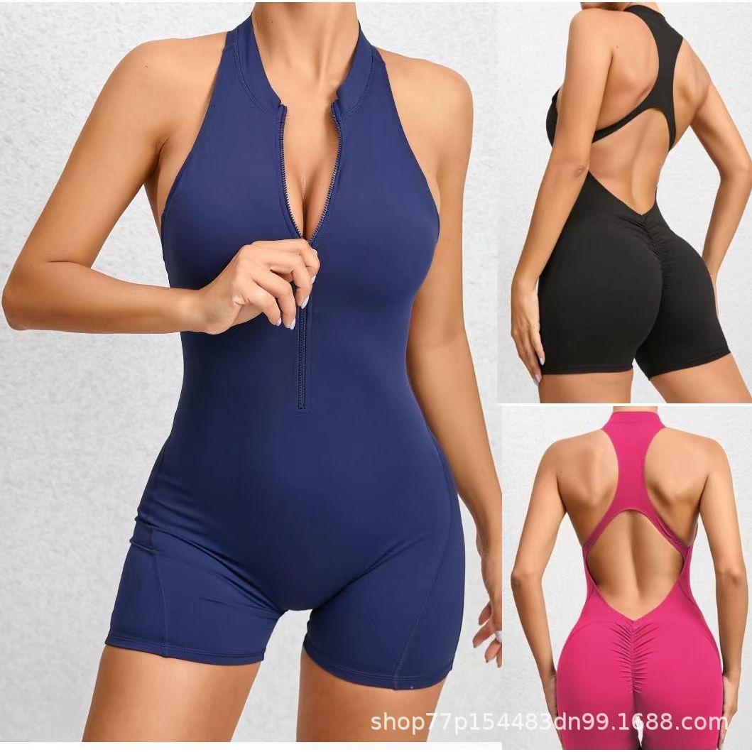 Popular cross-border European and American high-elasticity sports fitness zippered jumpsuit, naked-feel tight-fitting one-piece yoga outfit