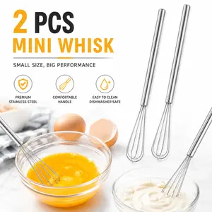 2 Pcs Household Stainless Steel Mini Whisk, Durable Long Handle Manual Stirrer for Baking, Cooking, Mixing Eggs, Sauces, Coffee, Milk, Salad Dressing and Everyday Kitchen Prep, Multi-Purpose Kitchen Gadget