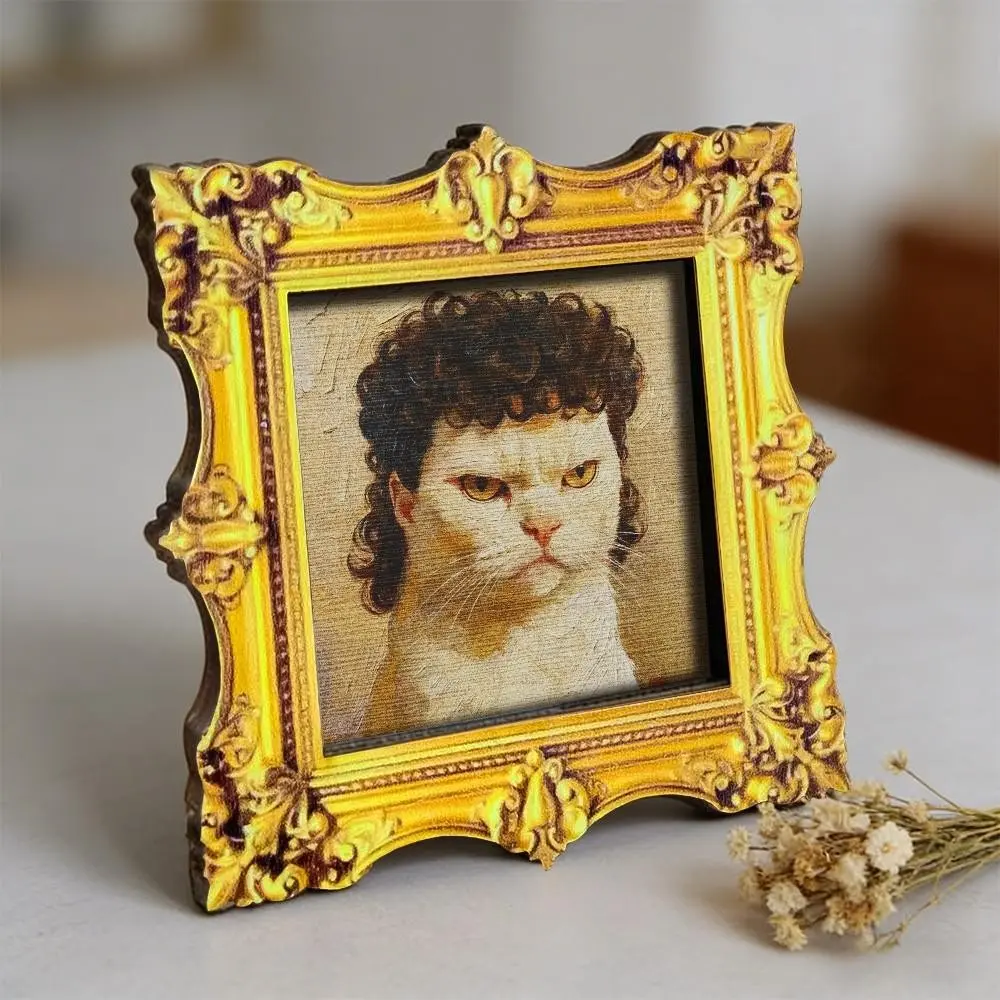Mini Framed Cat Fridge Magnet, Realistic Oil Painting Style, Serious Expression Curly Hair Cat, Wooden Refrigerator Magnet, Unique Kitchen Decor, Decorative Fridge Magnets