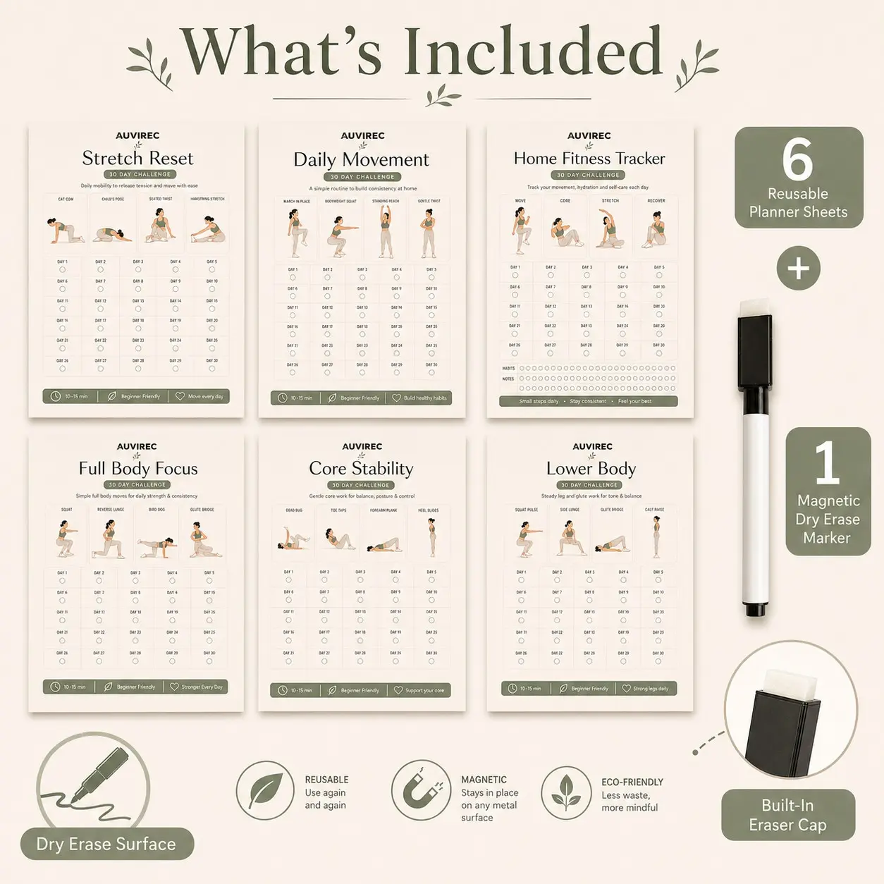 Auvirec 6-Piece Reusable Fitness Planner Set, 30-Day Home Workout Tracker, Pet Erasable Health Habit Board, Magnetic Pen Included