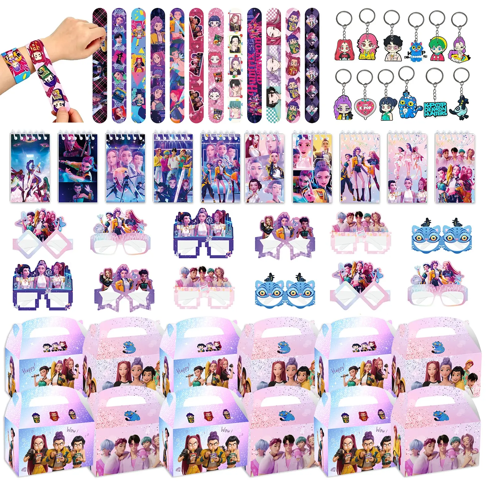 5-piece Korean cartoon girl group party gift set, includes 12 bracelets, 12 cartoon keychains, 12 gift handbags, 12 decorative masks, 12 mini notebooks, mix-and-match play and artistic souvenirs, unique gifts for parties