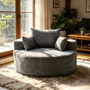55" L Oversized Round Chenille Sponge Single Sofa, No Assembly Required, Fluffy Modern Sleeper Chair with Pillows, Comfy Lounge Accent Chair for Living Room, Bedroom, Lounge, Projection Room, Gray (Not Swivel)