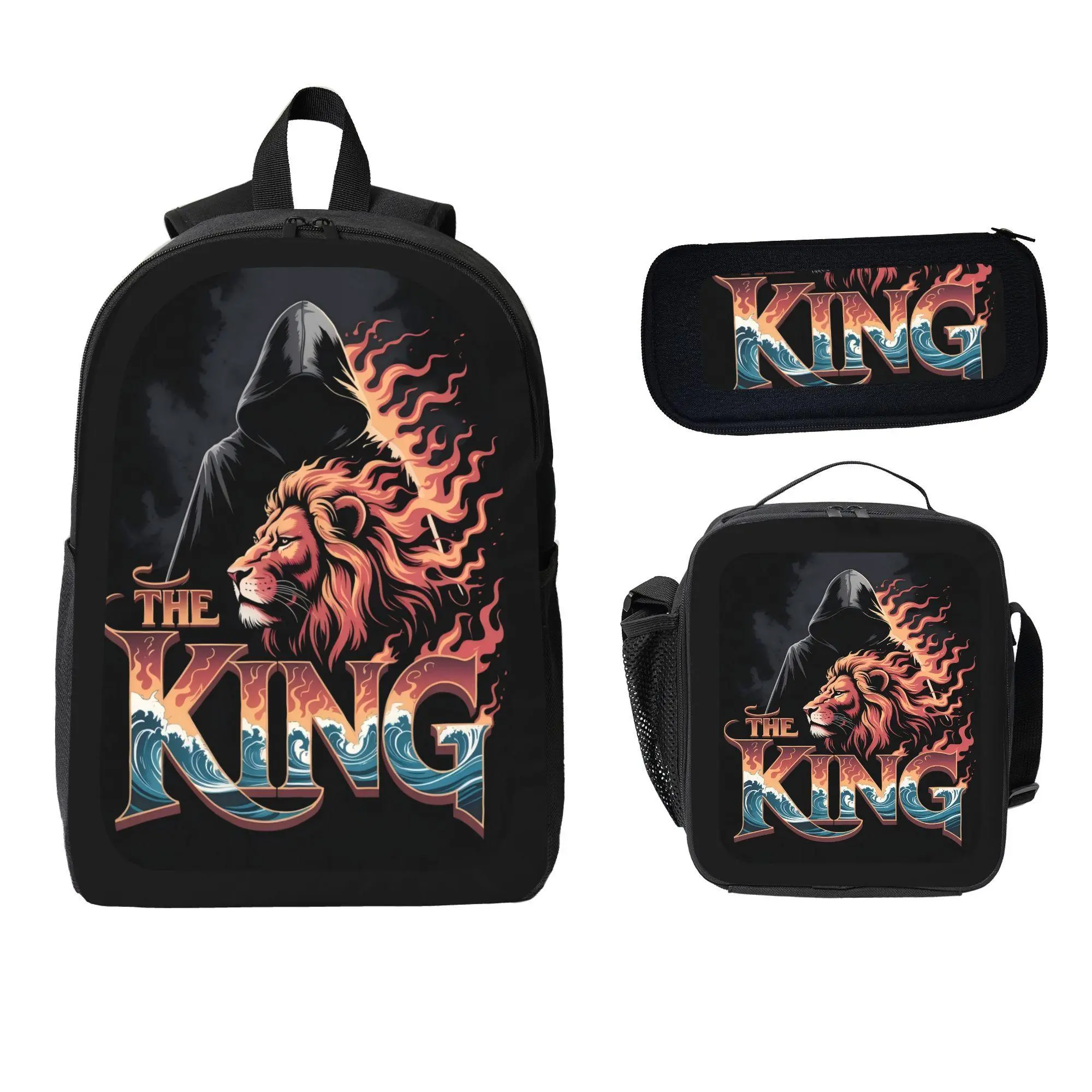 Student 3-Piece Vibrant Lion Pattern Backpack Set - Spacious School Bag, Lunch Box, Pencil Case, Great Gift for Back-to-School, Functional, Fun And Functional, Animals