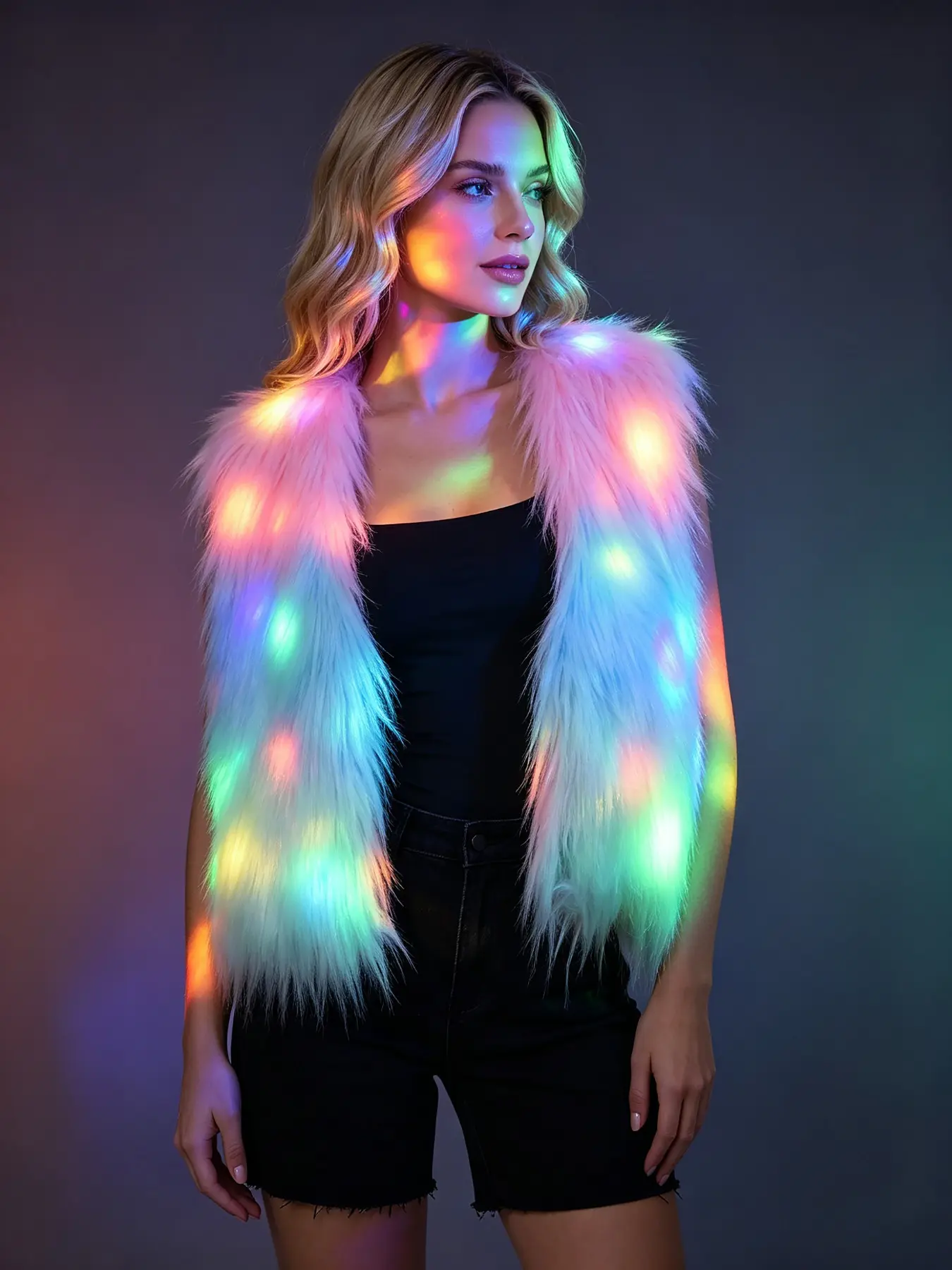 Women's Faux Fur Vest with Built‑in LED‑Light (Battery Not Included), Fall‑Winter Casual Costume, Glowing Statement Waistcoat for Christmas, Halloween, Cosplay & Stage Wear