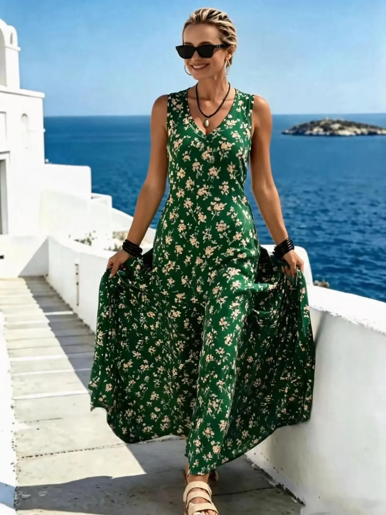Sleeveless Dress Full Body Floral Print, Long Flowy Beach Vacation Style, Casual Unlined All over Print Design