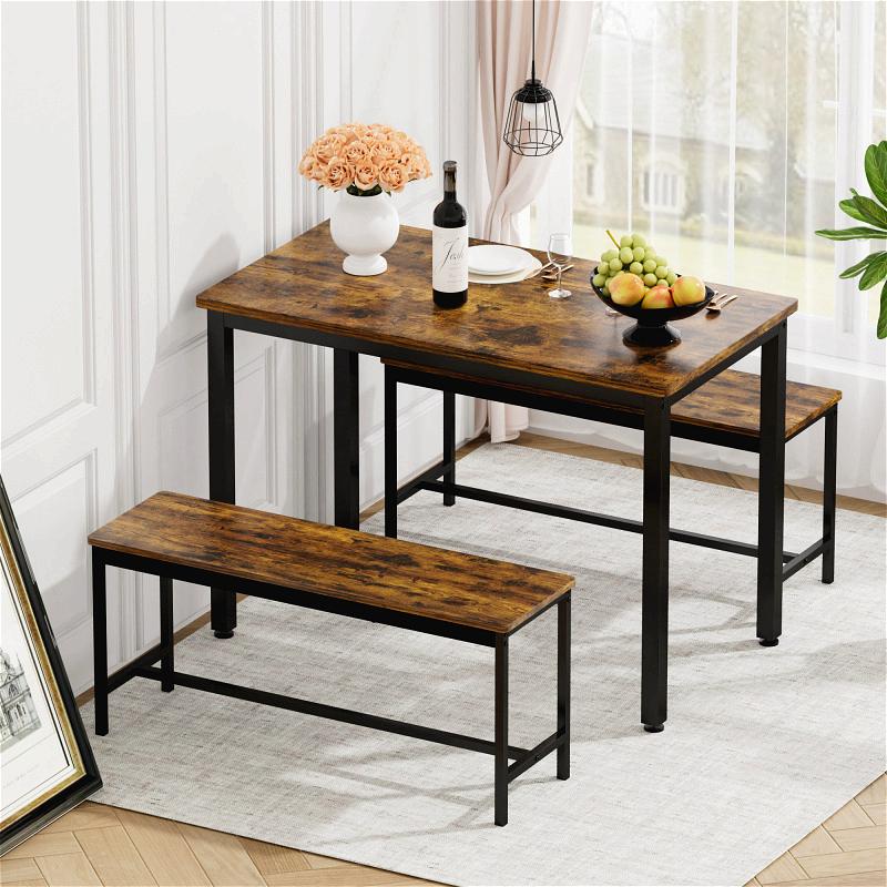 Kitchen Table with 2 Benches for 4, Wood Dining Room Dinette Sets for Breakfast Nook and Small Space, Brown