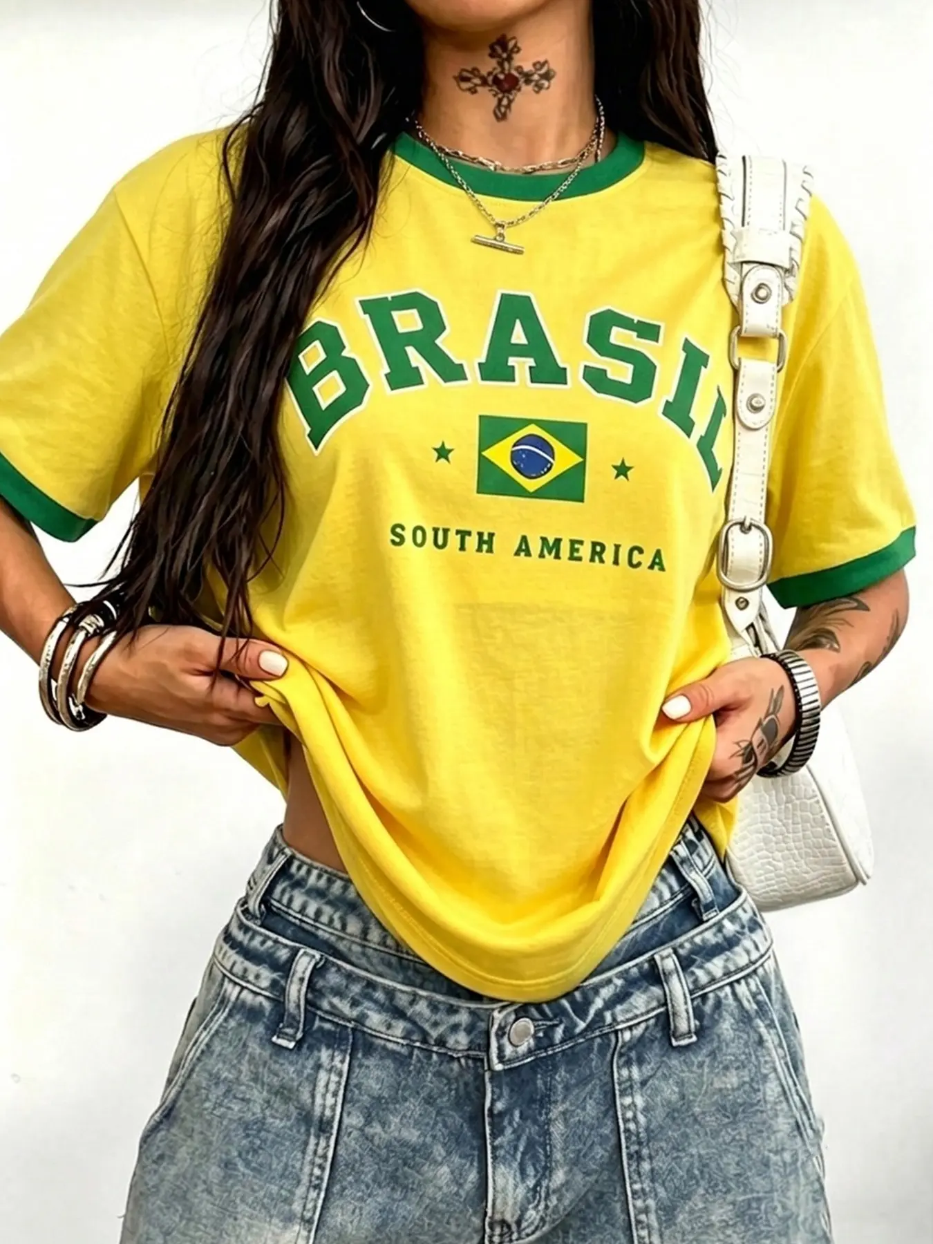 Women's Striped Loose Short Sleeve Round Neck T-Shirt, Brazilian Pattern Print, Y2K Streetwear Fashion Casual Wear, Summer, Casual Tee Shirts