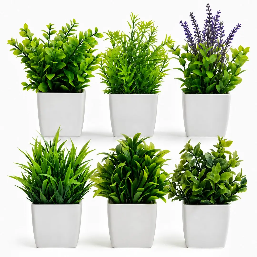 6pcs Artificial Plants, Fake Plant Decoration, Square Pots, Home Decor, Lavender & Spring Grass, Suitable for Bathroom, Office, Kitchen, Garden, Festive Decor