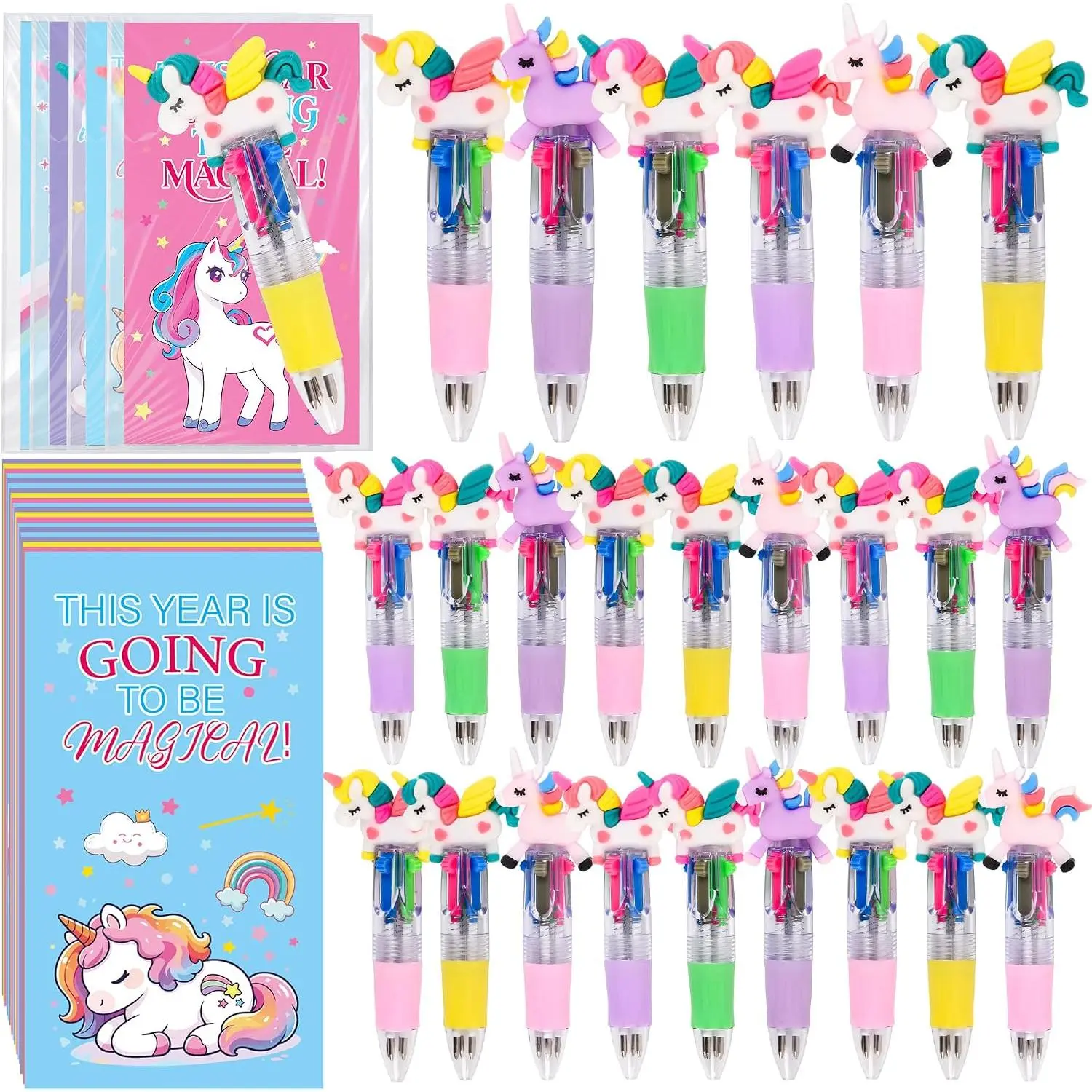 24 Set  to School Gifts with Unicorn 4-in-1 Pens and 24 Welcome Cards  of School  for Exchange Gifts Bulk for Classroom Rewards from Teacher to Students Supplies