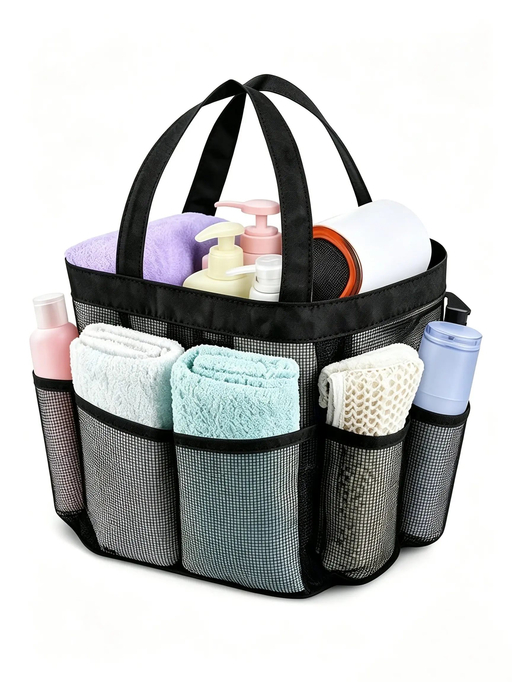 Large Capacity Grid Bathroom Wash Bag, Multi-Functional Portable Shower Bag, Single and Dual Handle Options, Ideal for Beach, Swimming, Fitness