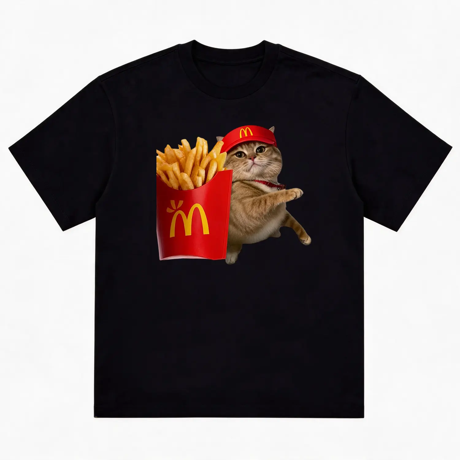 Unisex Vintage Graphic T-Shirt |     Trendy Streetwear Tee with Funny Cat & French Fries Print |     Soft Cotton Casual Short Sleeve Top |     Men's Summer Graphic Shirt