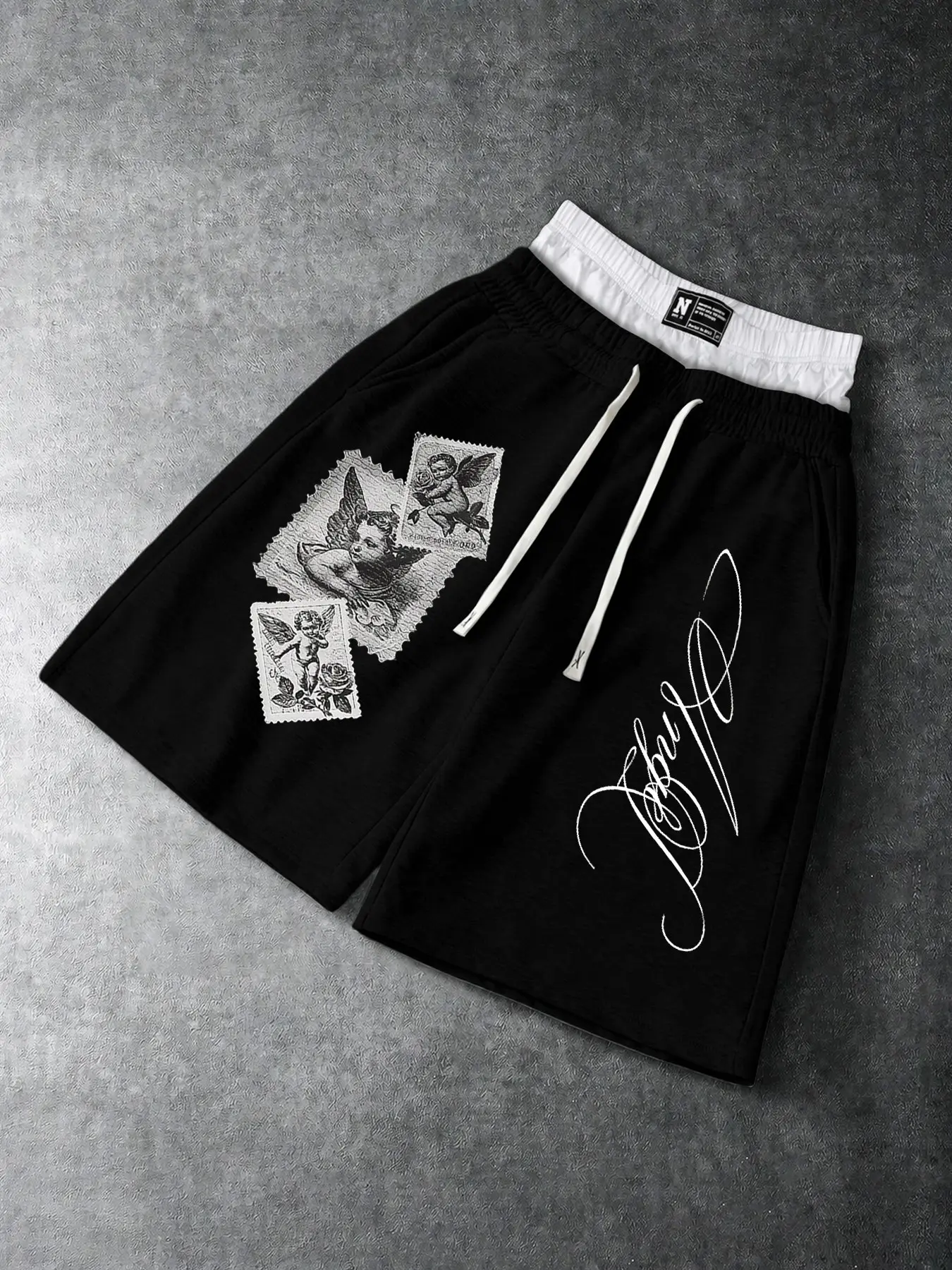 Vintage Baroque Cupid Angel Stamp Print Men's Loose Straight Leg Pants, Y2K Romantic Streetwear, Breathable Fabric, Summer, Graphic Shorts