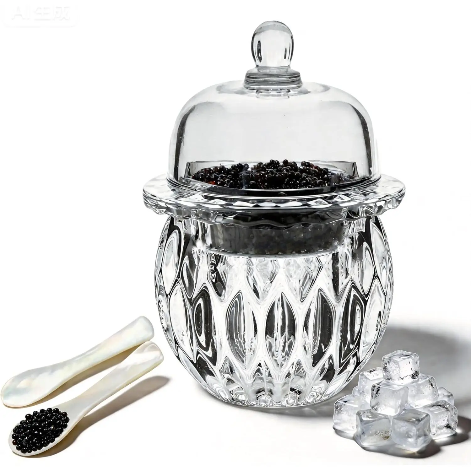 Chilled Glass Caviar Server Set with Lids, Ice Serving Bowl to Keep Food Cold, Elegant Serving Tray for Caviar Shrimp Party Appetizers Dips Ice Cream, Leaf Large 5.1''x7.1''