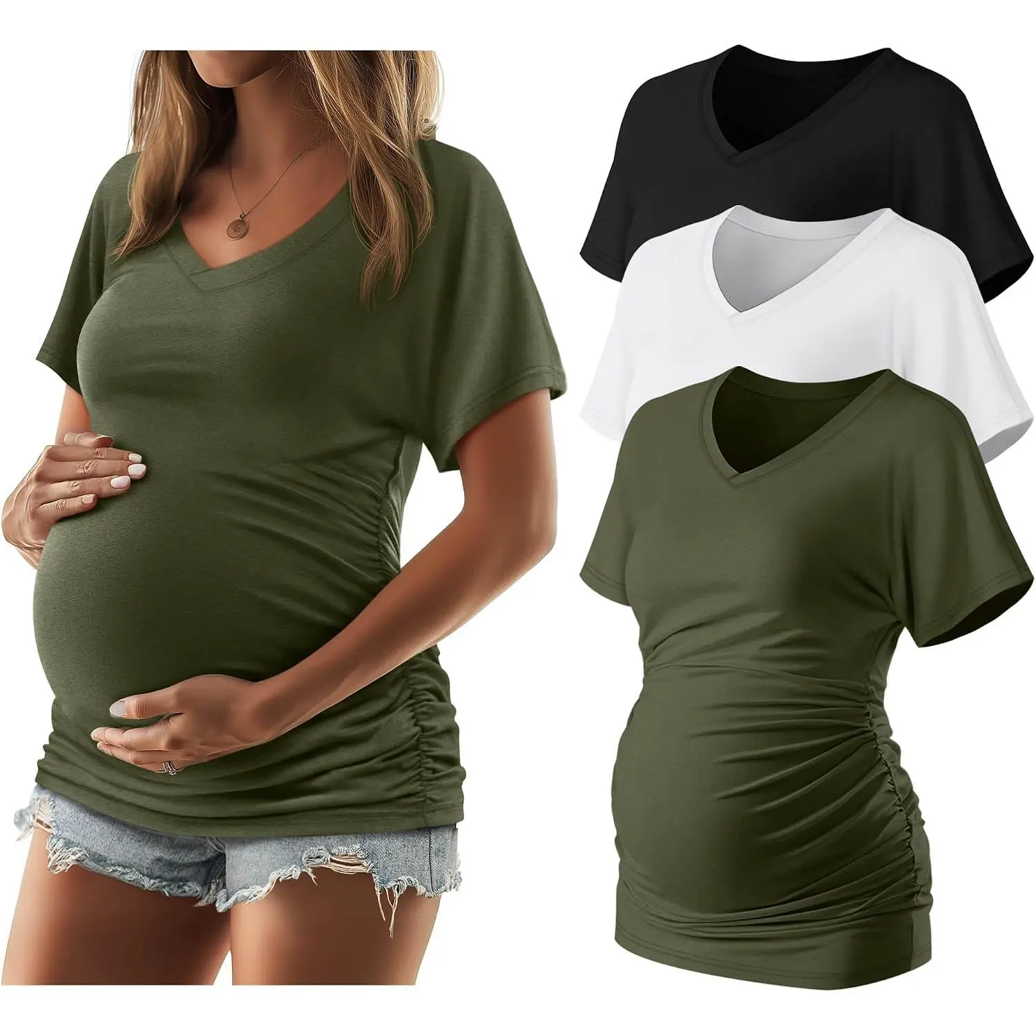 3 Packs Womens Maternity Shirts V  Dolman Short Sleeve Loose Side Ruched Tunic Tops  Clothes