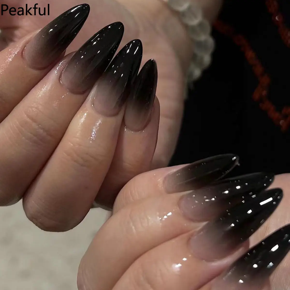 24Pcs Halloween Black French Ombre Press-On Nails, Short Almond Glossy Fake Nails with Spooky Gradient Finish, Reusable Manicure Set for Women, Perfect for Halloween Parties, Raves & Alt Style