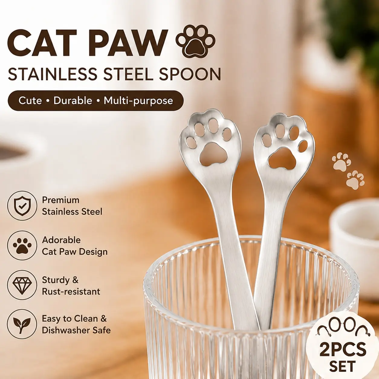 Cat Claw Spoon, Drinking Spoon, Small Coffee Spoon, Stainless Steel Dessert Spoon, Handle Spoon, Yogurt Spoon, Hollow Cat Paw Silver Color