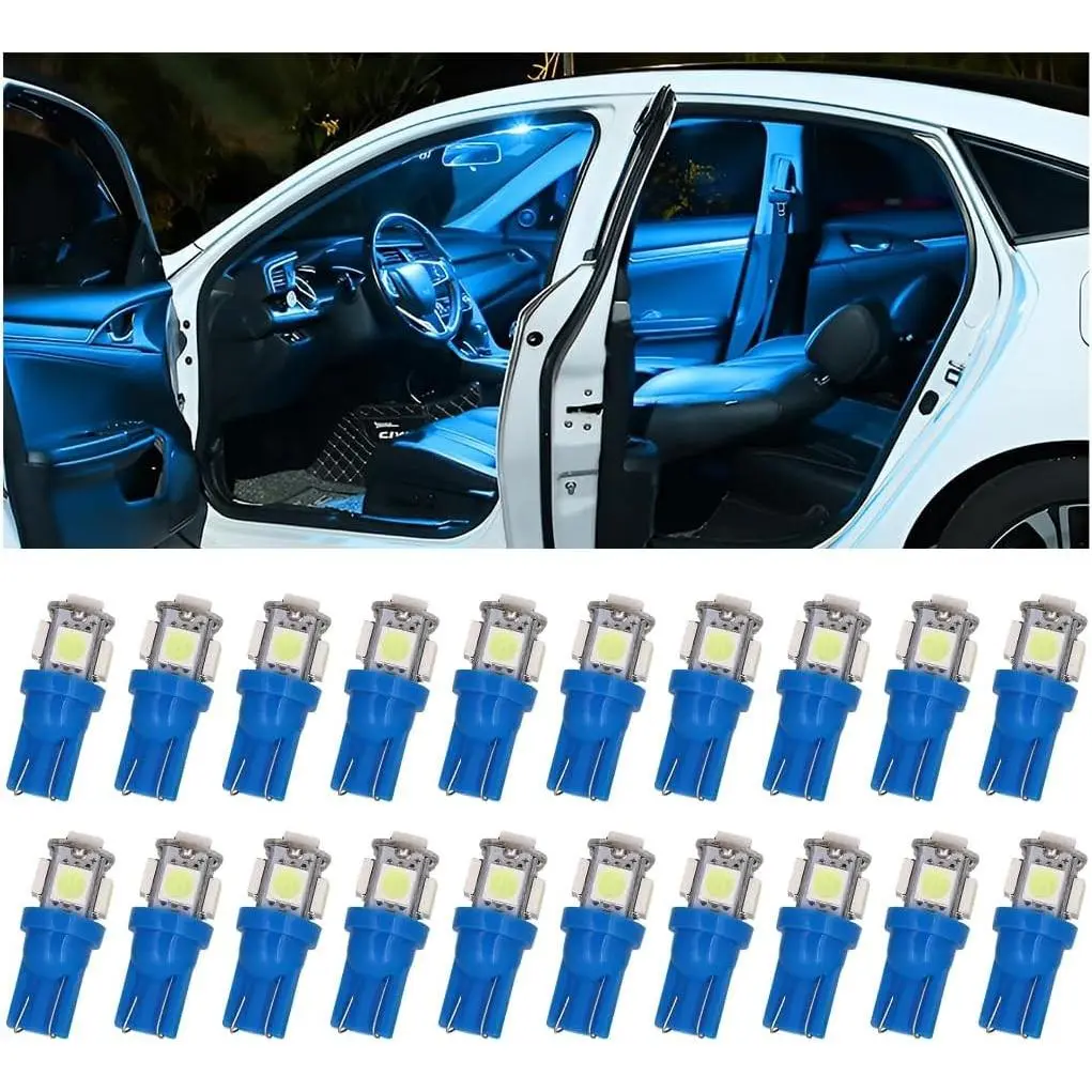 20PCS T10 194 Car LED Light Bulb 5SMD 5050 12V 168 W5W 2825 Vehicle Wedge License Plate Bulb Automotive Interior Dome Map Door Trunk Courtesy Dash Lamps Accessories Universal Fit (Ice Blue)