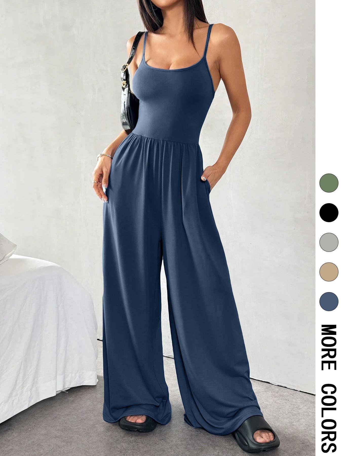 Women's Solid Color Cami Jumpsuit, Casual Comfy Wide Leg Jumpsuit for Summer, Women's Jumpsuit for Daily Wear