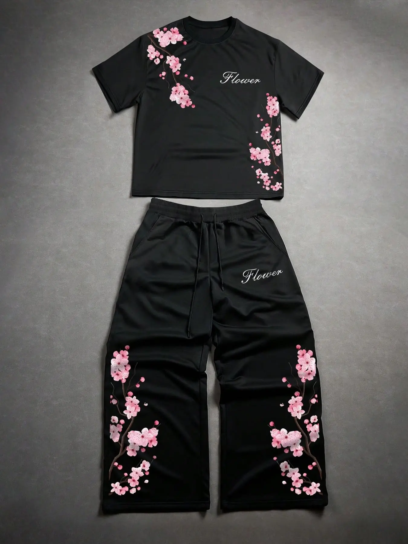 Cherry Blossom Print Two-Piece Set, Short Sleeve T-Shirt + Drawstring Wide Leg Pants, Unisex Y2K Streetwear, Summer for Teens