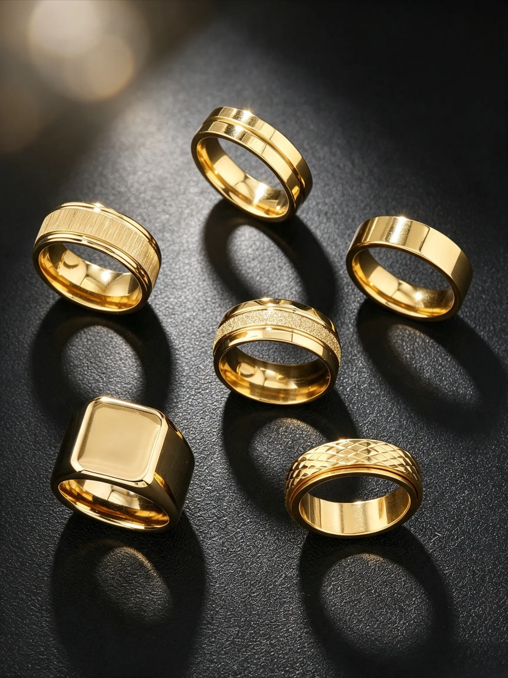 6Pcs Men Wide Band Ring Set Gold Silver Stainless Steel Spinner Chain Roman Numeral Sandblast Meteorite Square Signet Rings Tarnish Resistant Hip Hop Stackable Statement Jewelry Gift for Him Stackable Finger Rings
