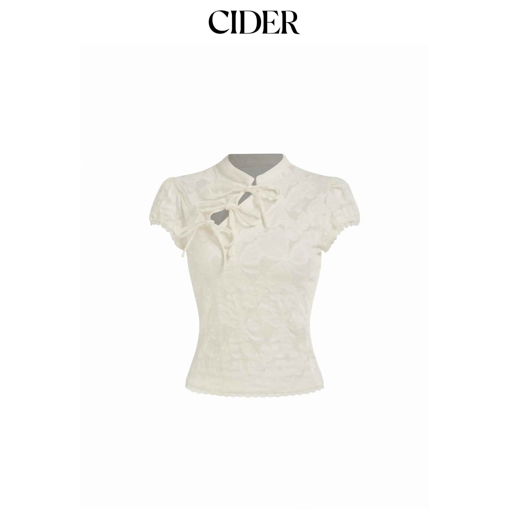 Cider Lace Floral Stand Collar Bowknot Short Sleeve Top