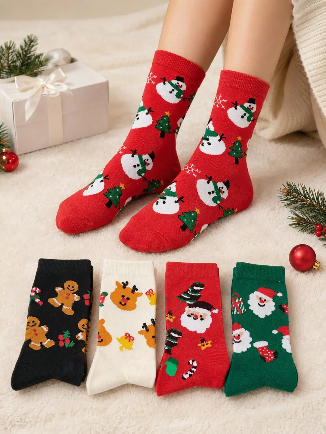 Happy Christmas Theme Thigh-High Socks, Warm Holiday Atmosphere, Unisex Cartoon Pattern, Slim-Fit Crew Socks for All Seasons